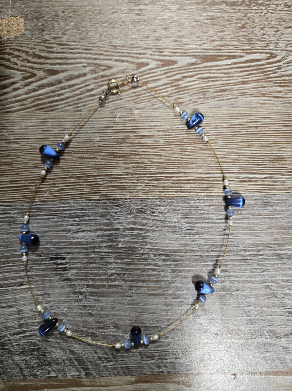 Gold Wire Necklace with Blue Glass Beads and Pearls - Women Jewelry